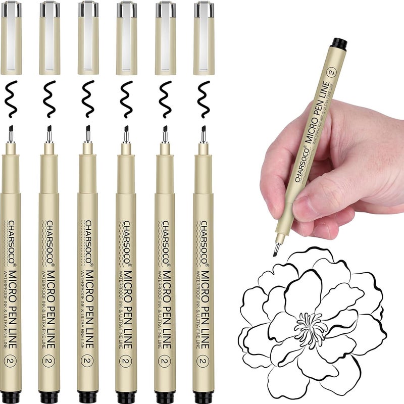CHARSOCO 2 Micro Pen, 6 Pack Black Fine Point Pen with Waterproof Archival Ink, 2mm Fineliner Ink Pens for Artist Illustration, Sketching, Anime, Manga, Technical Drawing and Scrapbooking - Image 1